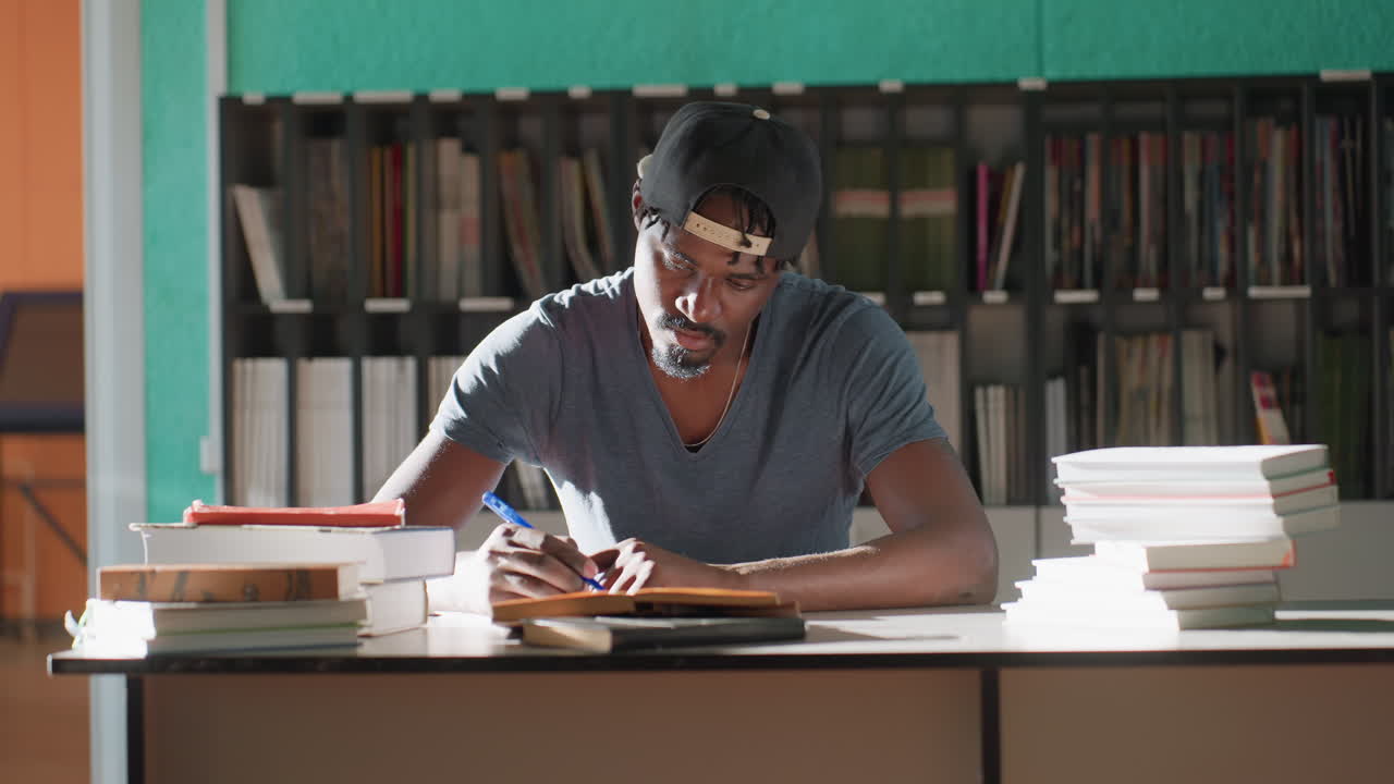 Academician wearing cap studies at library table surrounded by books, tapping hand on table while writing notes, teal wall and shelves in background, warm light highlighting focused and diligent mood