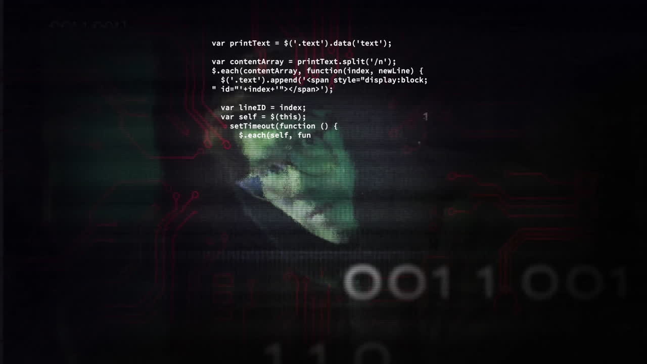 animación de hacker masculino asiático sobre el procesamiento de datos