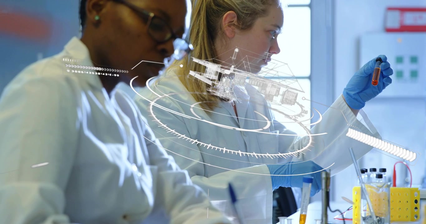 Lab duo noting, pipetting, lifting orange sample to light for analysis, HUD rotating hiding bench