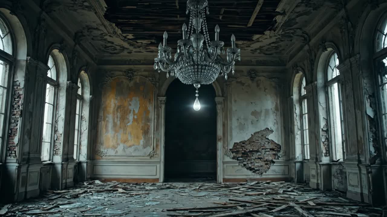 Abandoned Mansion Interior with Chandelier