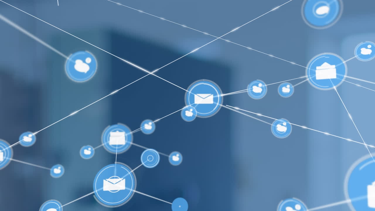 Animazione di rete di icone digitali sullo sfondo di una vista di un ufficio