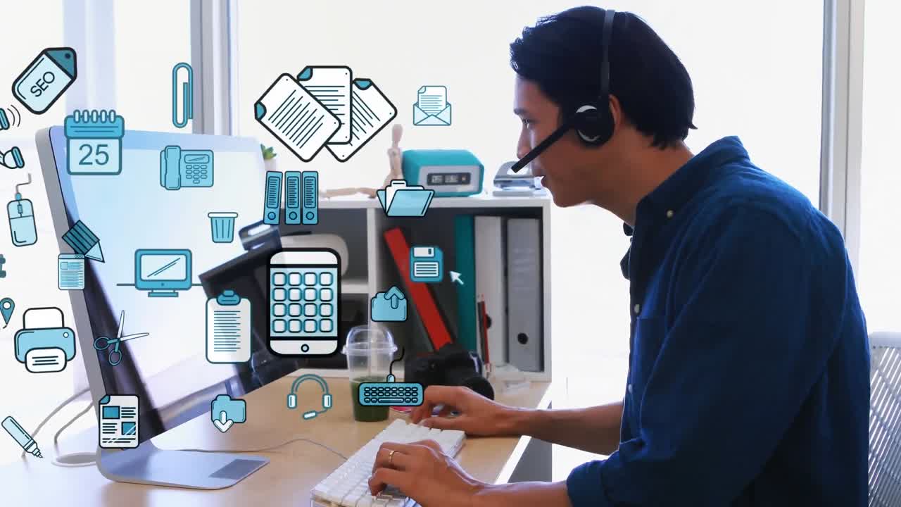 animación de un hombre asiático hablando con auriculares sobre iconos azules a su lado