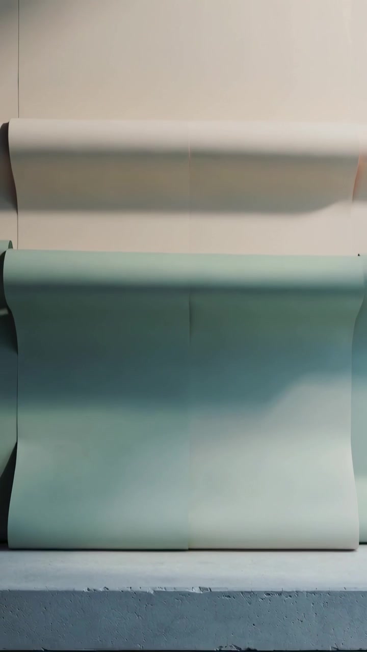 Vertical video: Unrolling two paper rolls down wall, mechanism revealing beige and mint colors