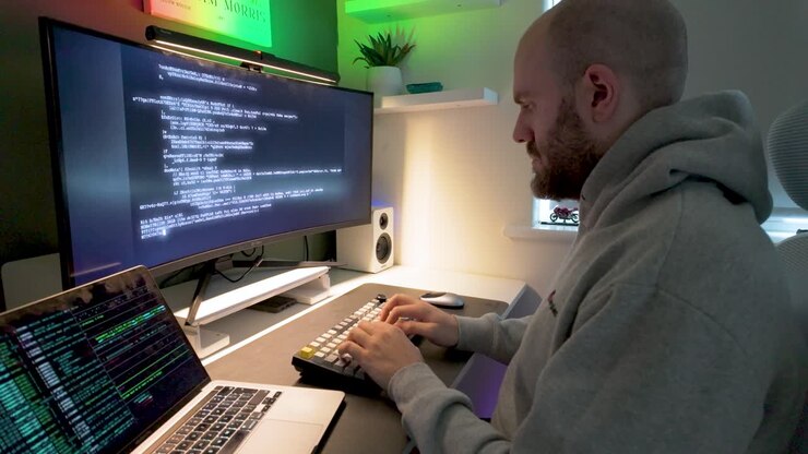 Vue de côté d'un développeur tapant du code sur deux moniteurs avec une lueur ambiante verte.