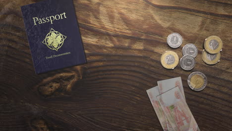 pasaporte de viaje con papel y monedas dinero en madera