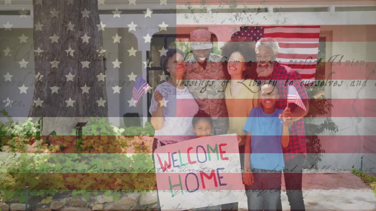 미국  ⁇ 발 위에서 미소 짓는 가족을 포옹하는 남성 군인의 애니메이션