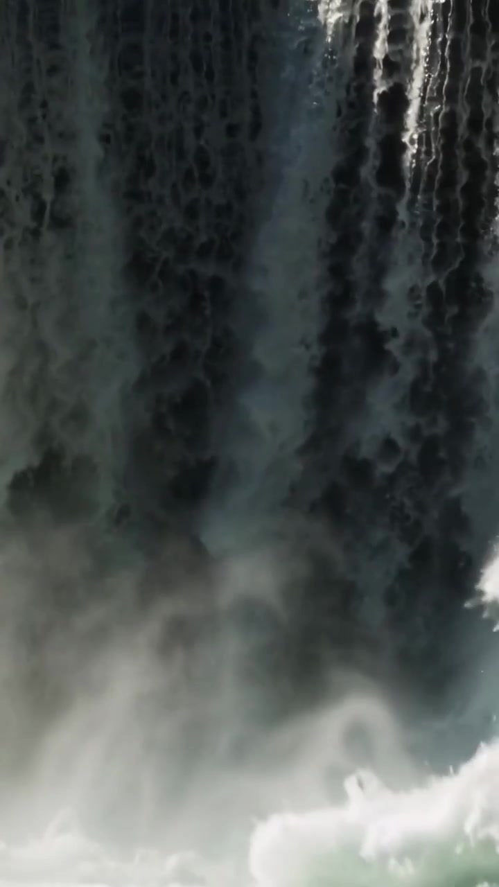 Vertical video: Cascading waterfall flowing over lip at night, gravity pulling ribbons into spray
