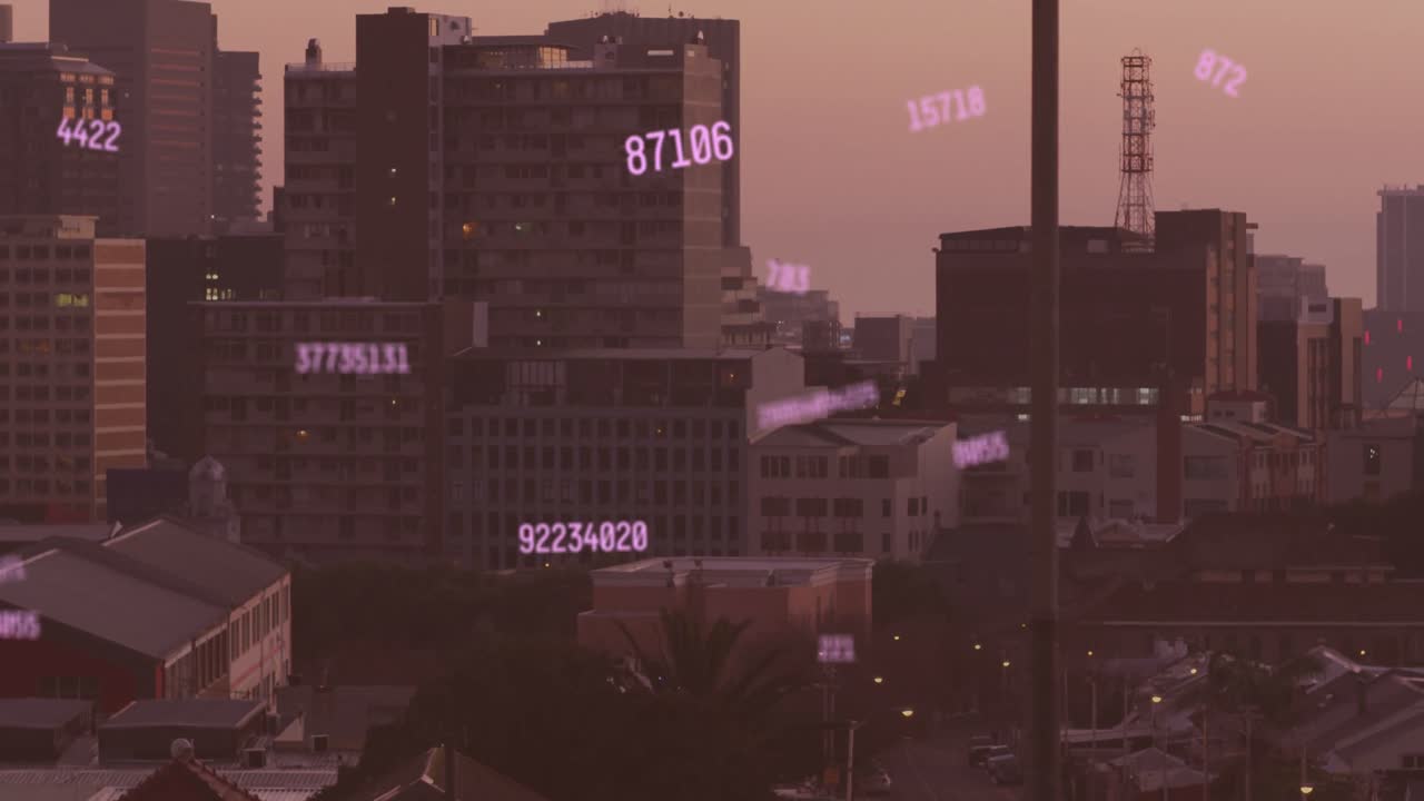 도시 풍경의 공중 전망에 대해 떠다니는 여러 개의 변화하는 숫자의 애니메이션