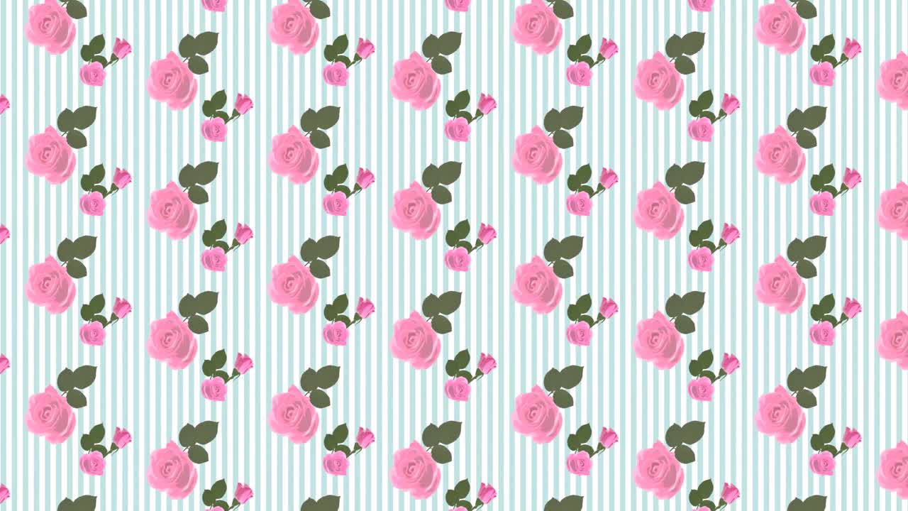 Digital animation af roseblomsterikoner, der bevæger sig i et sømløst mønster mod en stribet baggrund