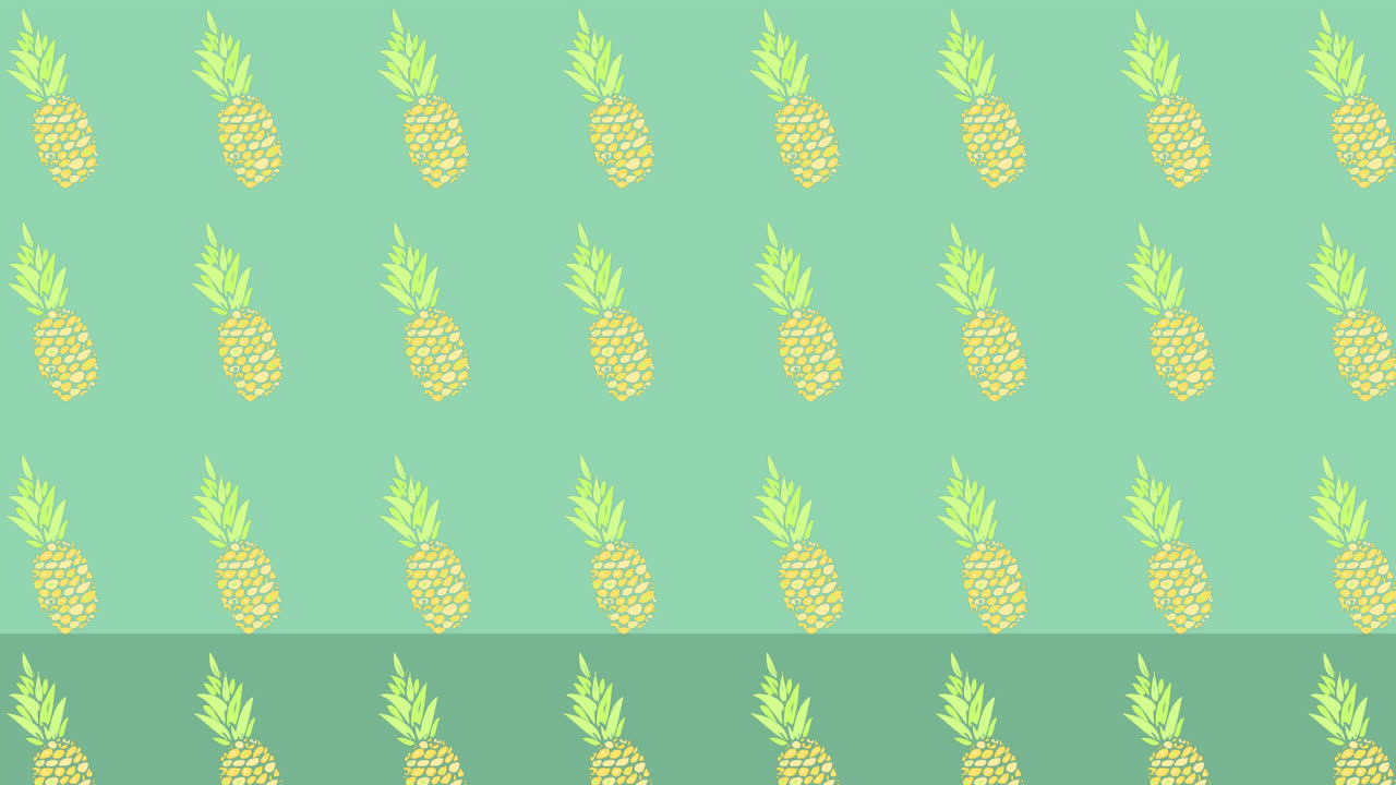 파란색 배경 위에 줄지어 움직이는 파인애플의 애니메이션