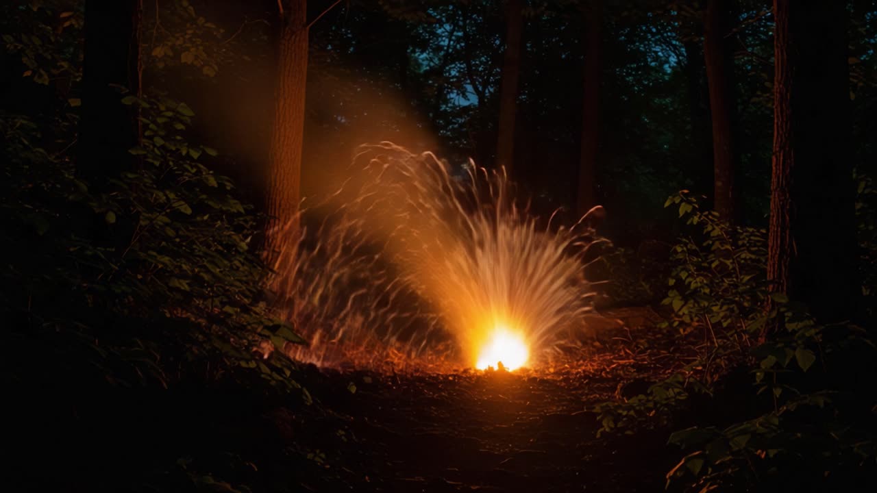 A mesmerizing display of fire sparks igniting the night in a serene forest, illuminating the surroundings with brilliant orange hues amidst the tall trees