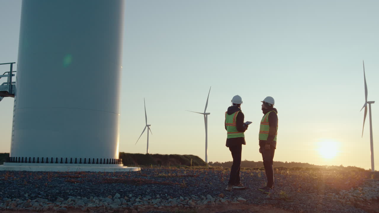 Renewable Energy Engineers Working in Morning at Wind Farm