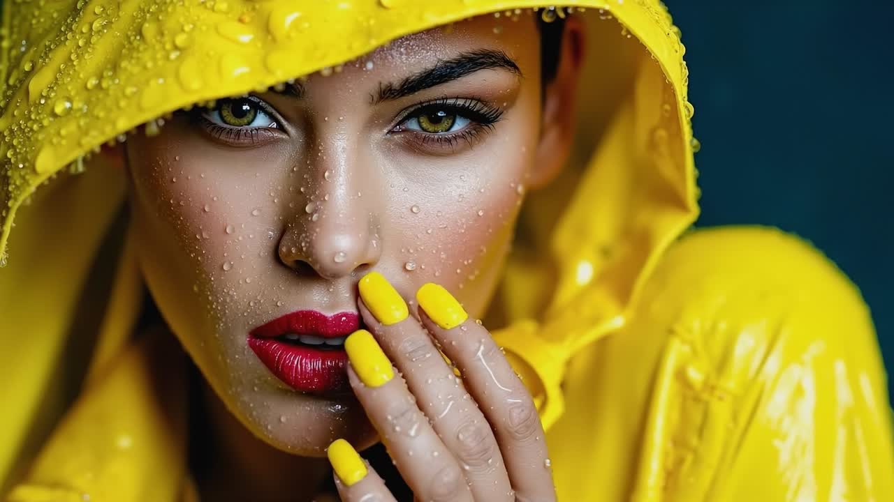 A woman in a yellow raincoat with water droplets on her face