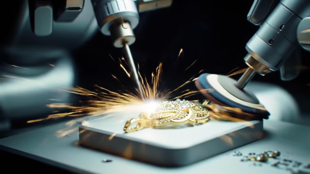 Craftsmen are skillfully using advanced tools to create intricate gold jewelry. The atmosphere is filled with precision as they carefully handle delicate materials, showcasing their artistry.