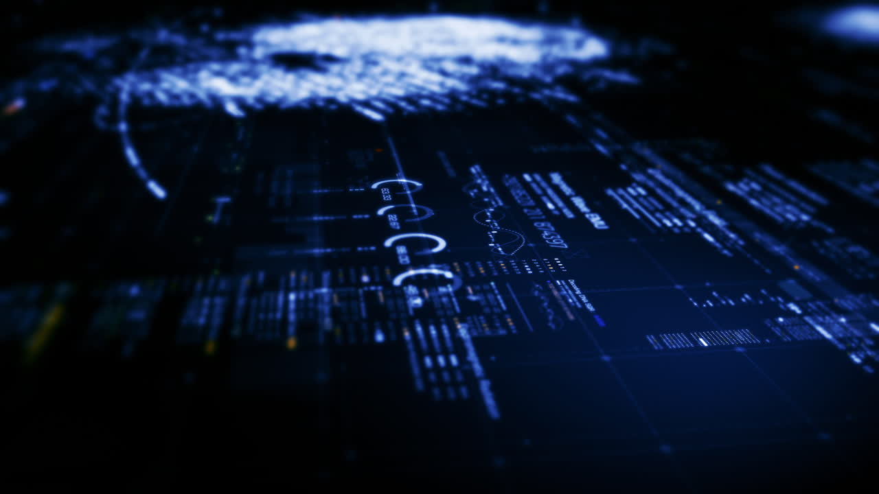 Advance data matrix, telemetry and encrypt numbers simulation user interface display in cyber space abstract de-focus environment background