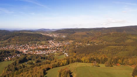 drone flight over thuringian forest in colorful autumn