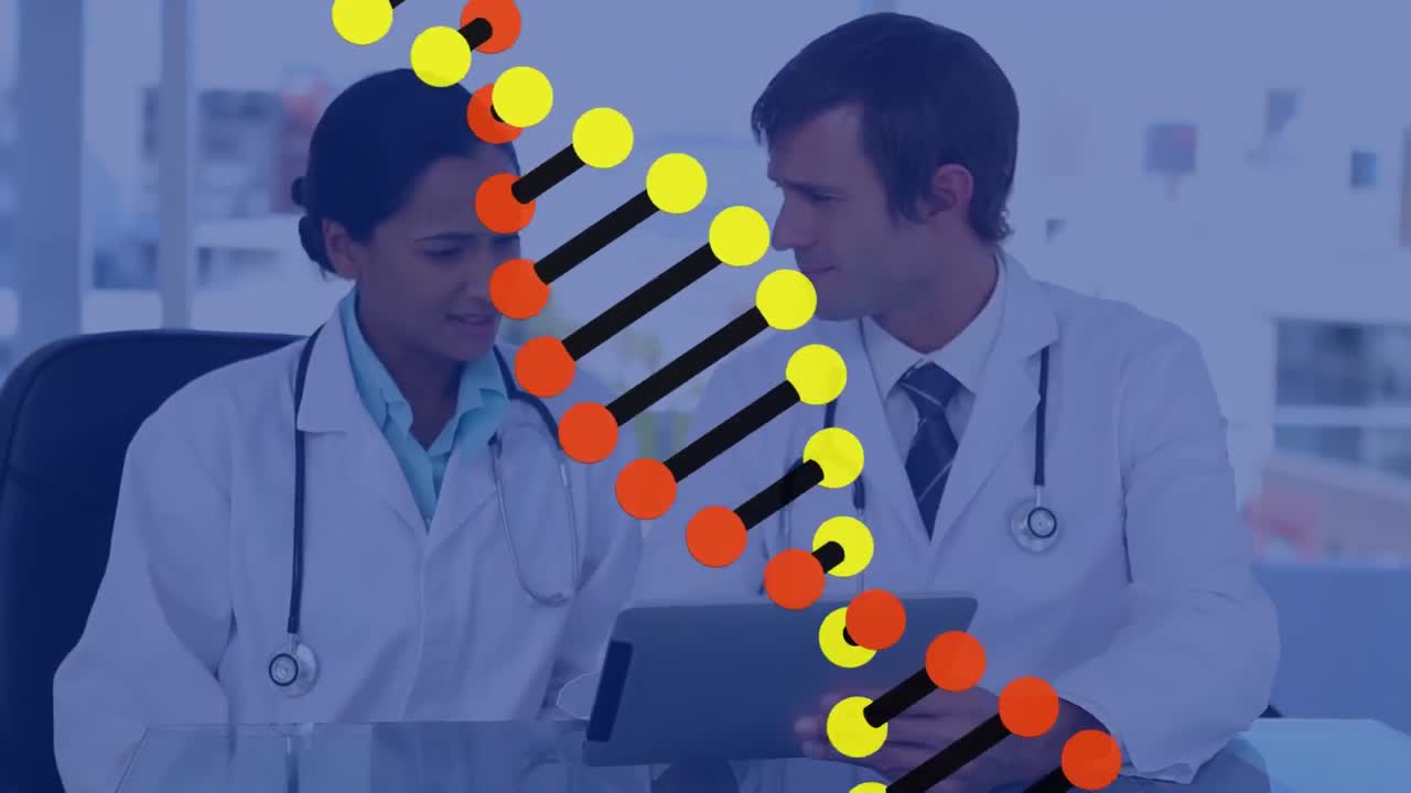 병원에서 태블릿을 가지고 토론하는 다양한 남성과 여성 의사들에 대한 dna 구조의 애니메이션
