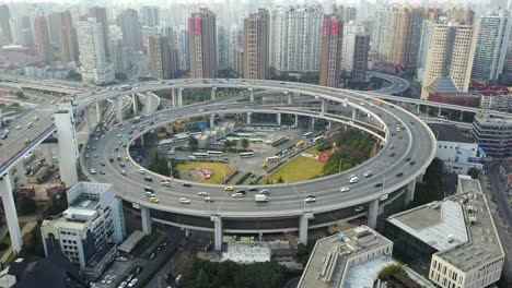 aerial overview of nan pu bridge in shanghai china elevated circular with moving traffic