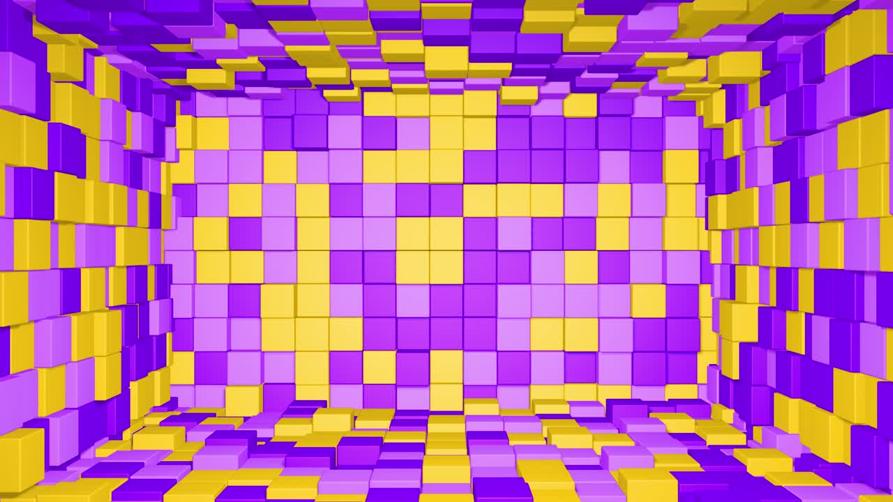 interior de la habitación abstracta con cubos púrpura amarillo. cubo de caja fondo geométrico aleatorio. fondo de mosaico de píxeles cuadrados. bloques de tierra. maqueta para su proyecto. bucle de animación 3d de 4k
