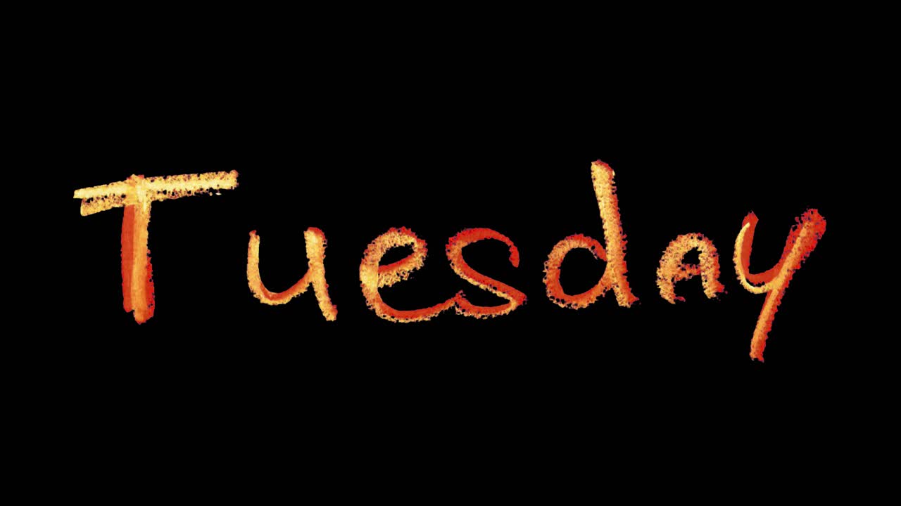 Tuesday title written in soft colored pencil sketch style, animated on a clean background for a simple intro