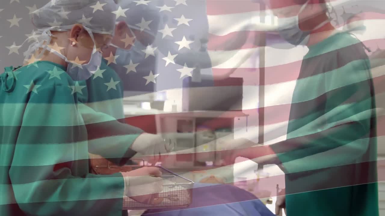 수술실 에서 외과 의사 들 위 에 흔들리는 미국 국기 의 애니메이션