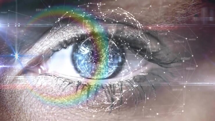 3D render human eye glowing with biometric scanning network floating over realistic skin texture