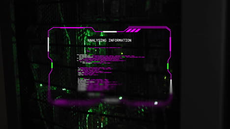 análisis de información animación de texto sobre fondo de matriz digital verde y negro