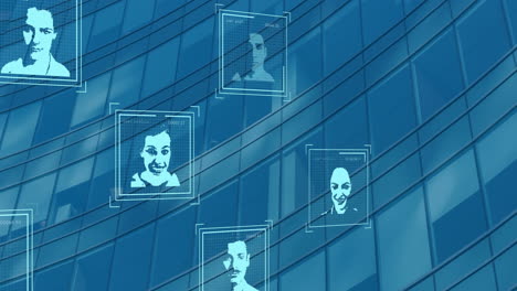 animation of multiple profile icons moving against tall building