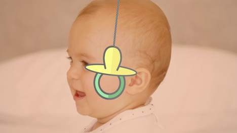 animation of baby pacifier over happy caucasian happy baby