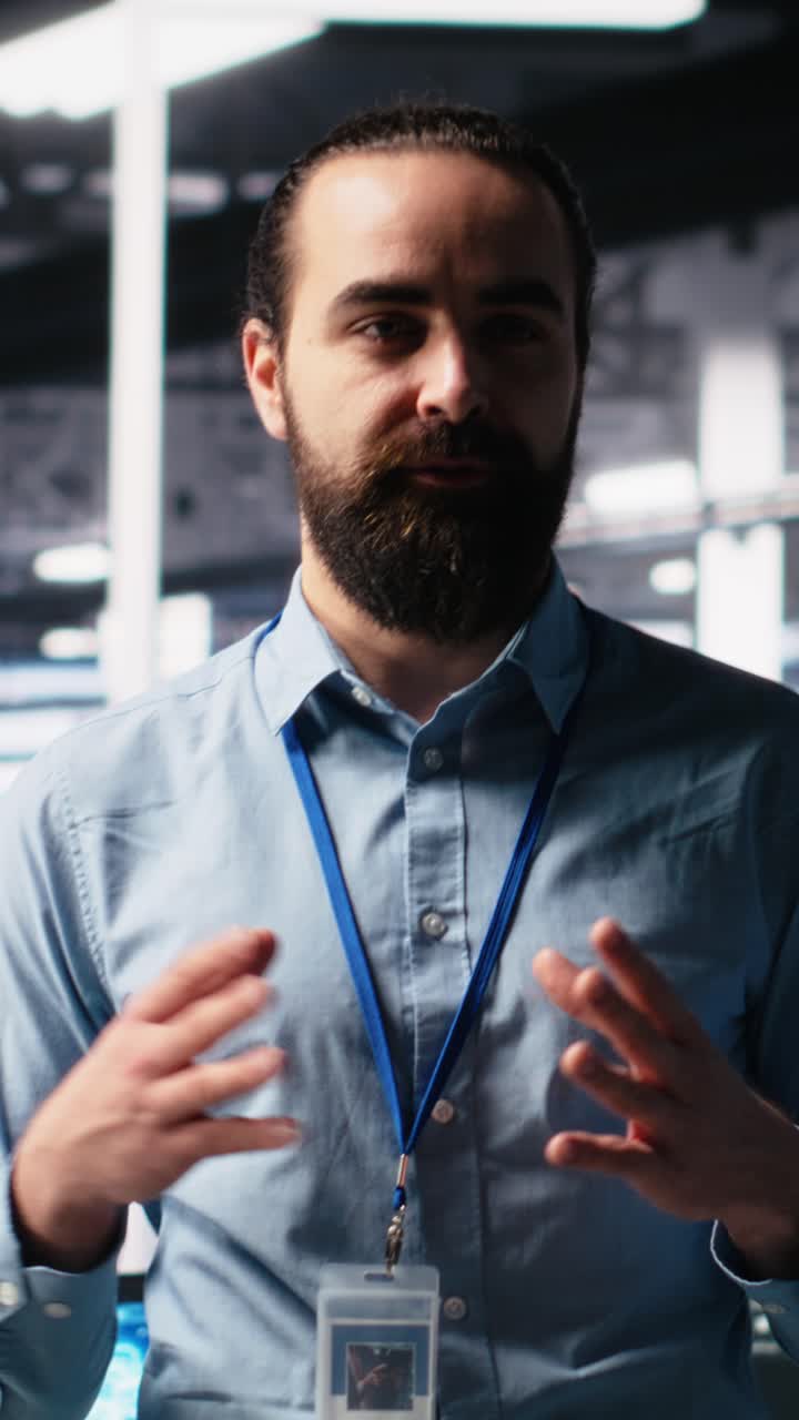 Vertical video Data center manager showcasing AI technology, filming presentation video