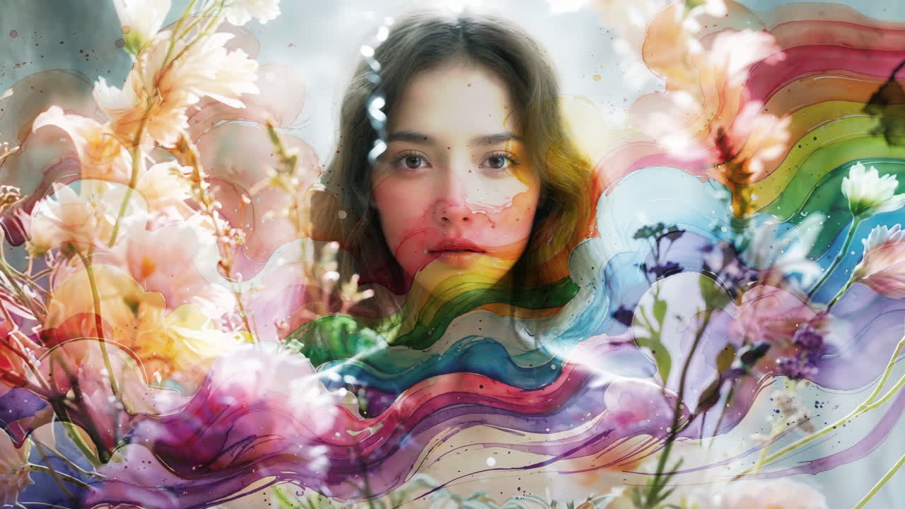 Ethereal Woman Portrait with Dreamy Floral Rainbow Swirls