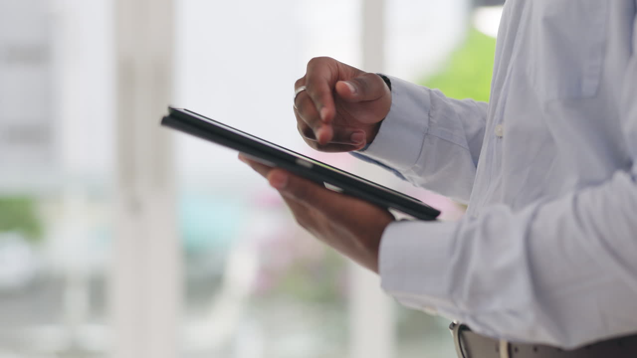 Hand zoom, tablet or black man financial advisor