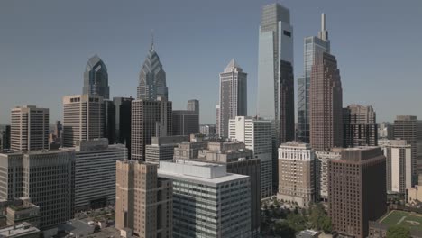 4k drone move down at an angle of downtown philadelphia pennsylvania