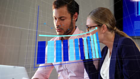 analyzing financial data, business professionals with bar charts and graphs over animation