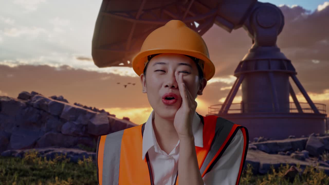 Close Up Of Asian Female Engineer With Safety Helmet Yelling With Hand Over Mouth While Standing With Large Satellite Dish