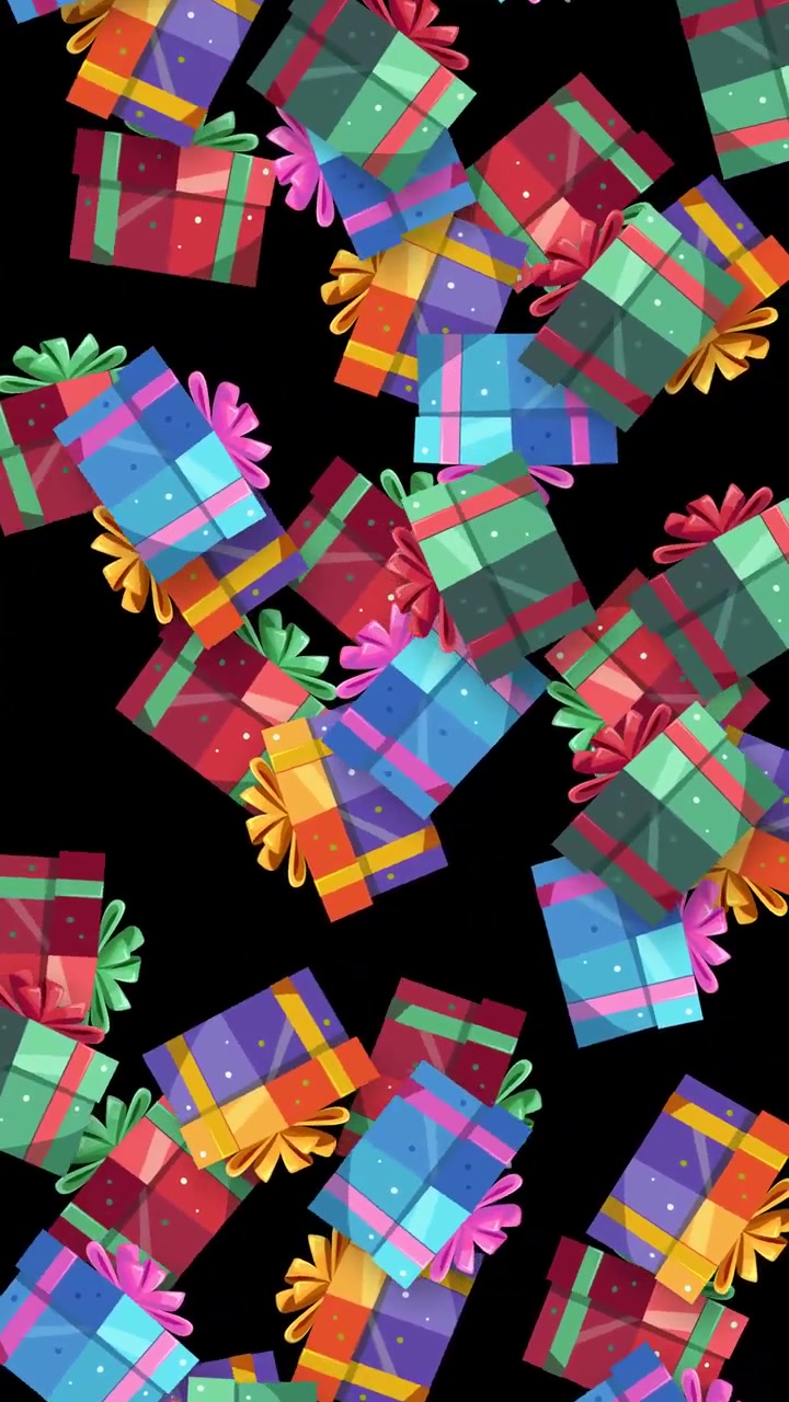 Vibrant cartoon gift boxes fall continuously against a solid black background in vertical animation.