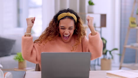 happy woman, laptop and celebration for winning