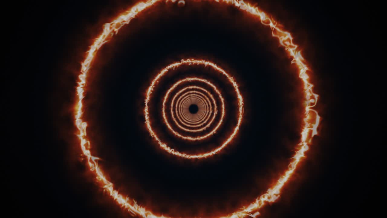 Rotating fire rings form an endless long, computer generated. 3d rendering of bright background