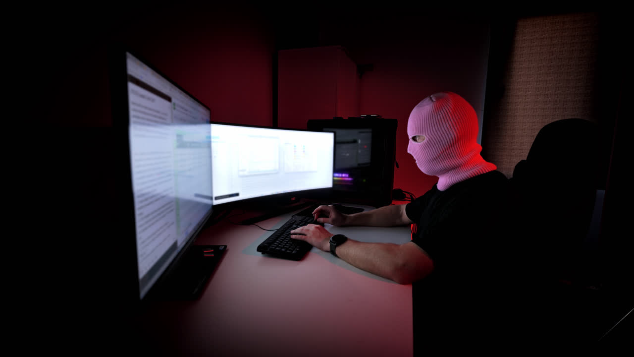 Shady figure works on double monitors, transferring data in a red-lit workspace