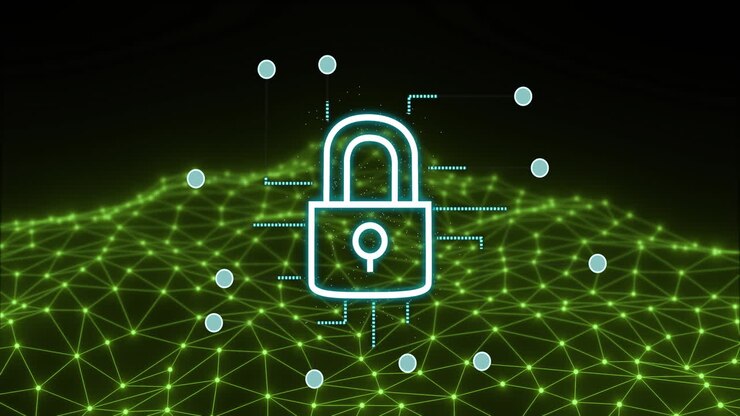 Padlock and network connections, cybersecurity animation over green digital grid