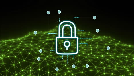 Padlock and network connections, cybersecurity animation over green digital grid