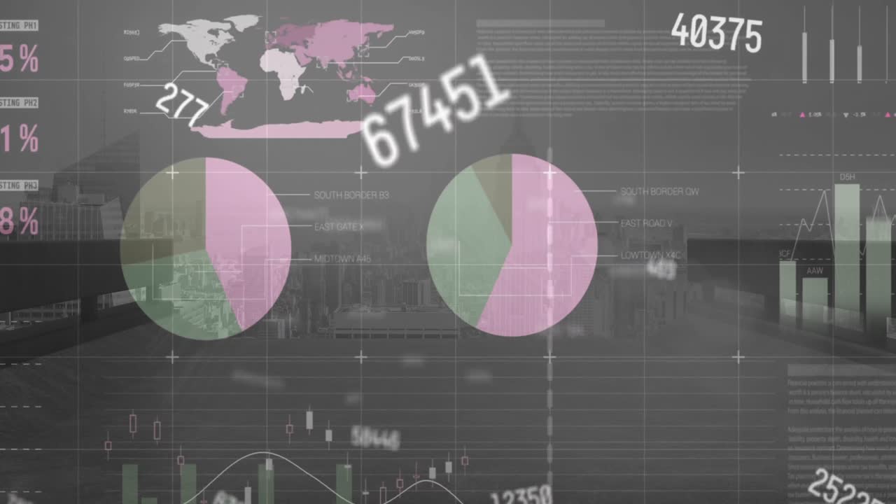 animación de números cambiantes y procesamiento de datos estadísticos frente a una vista aérea del paisaje urbano