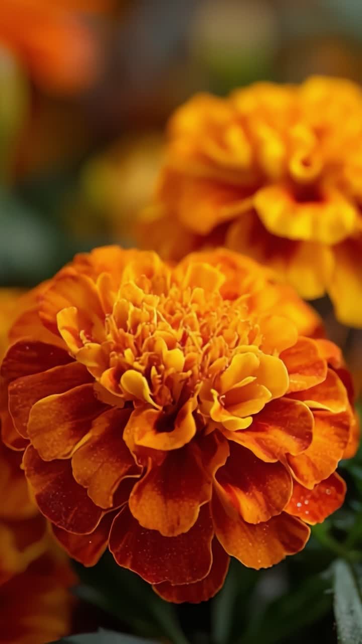 Calendule vivaci in piena fioritura: un primo piano di splendidi petali arancioni e gialli che catturano l'essenza della bellezza della natura e dell'eleganza floreale.