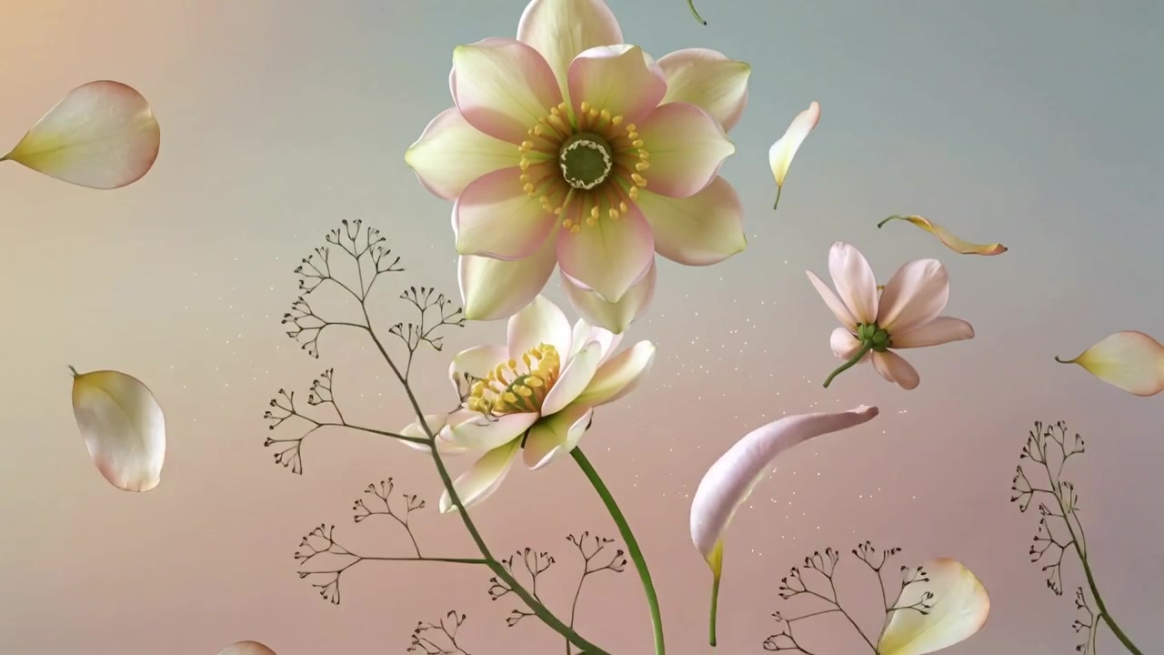 Inizio sequenza di fotogrammi, fiori di loto alla deriva, che ruotano su un gradiente pastello, petali fluttuanti.