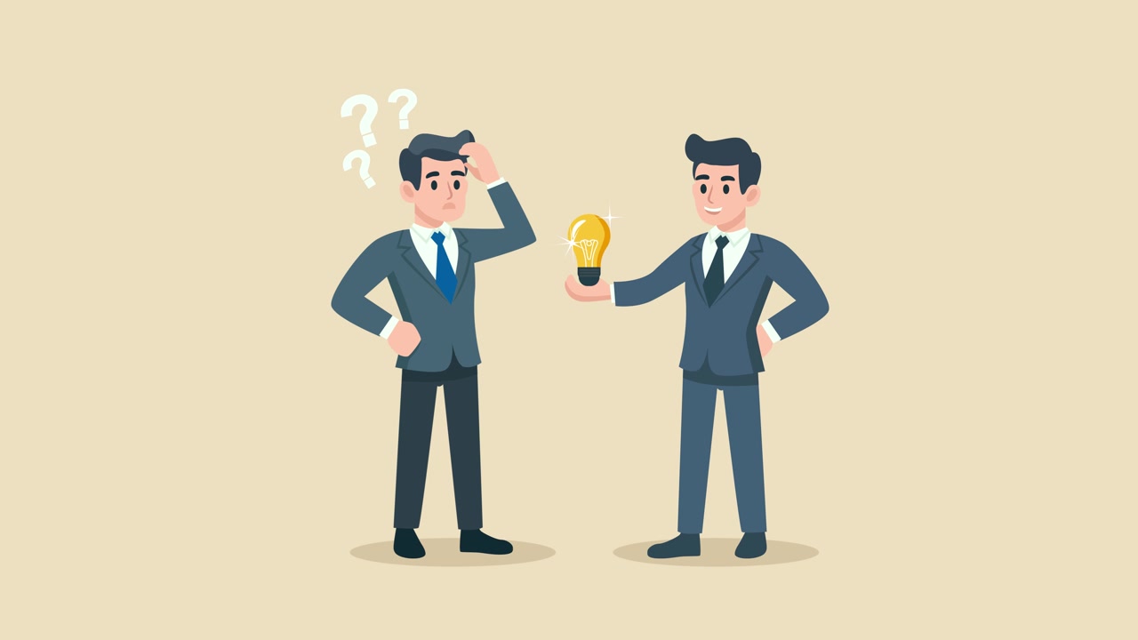 Businessman Offers Idea to Confused Colleague with Question Marks