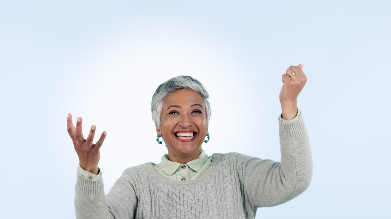 Woman, hands and catch in studio with excited face