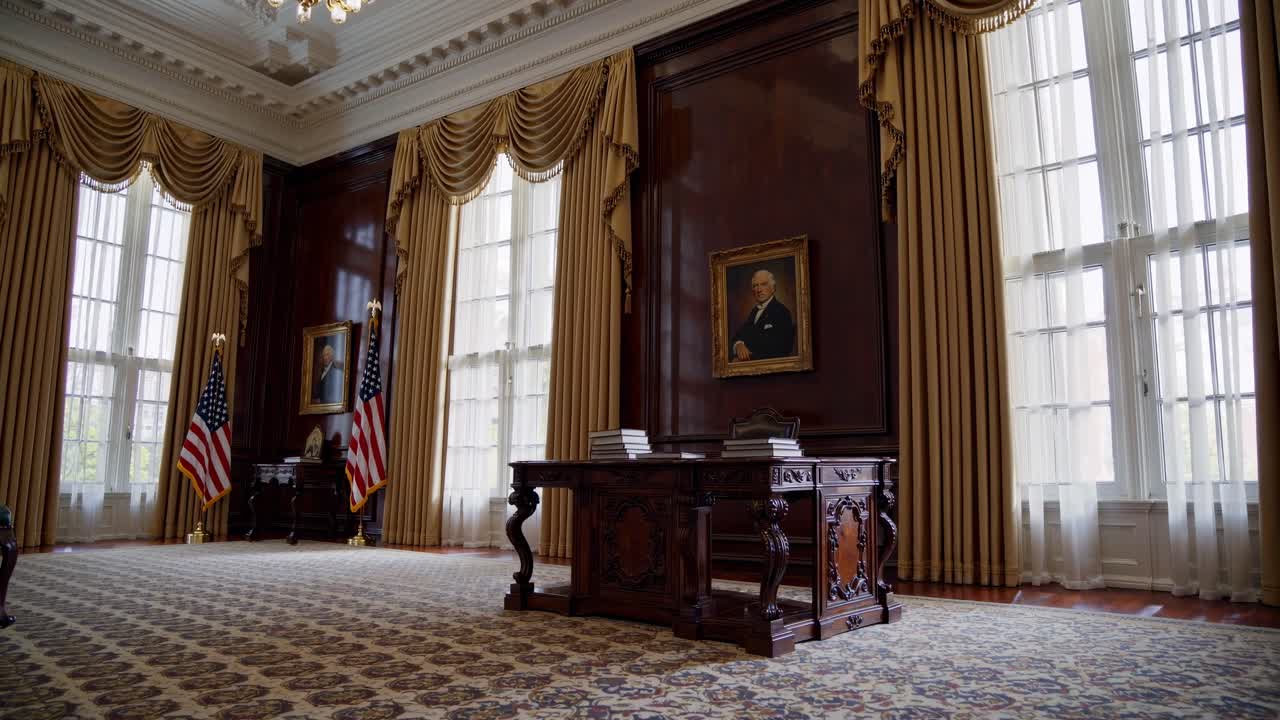 Elegant office with vintage decor, featuring a large wooden desk and portrait