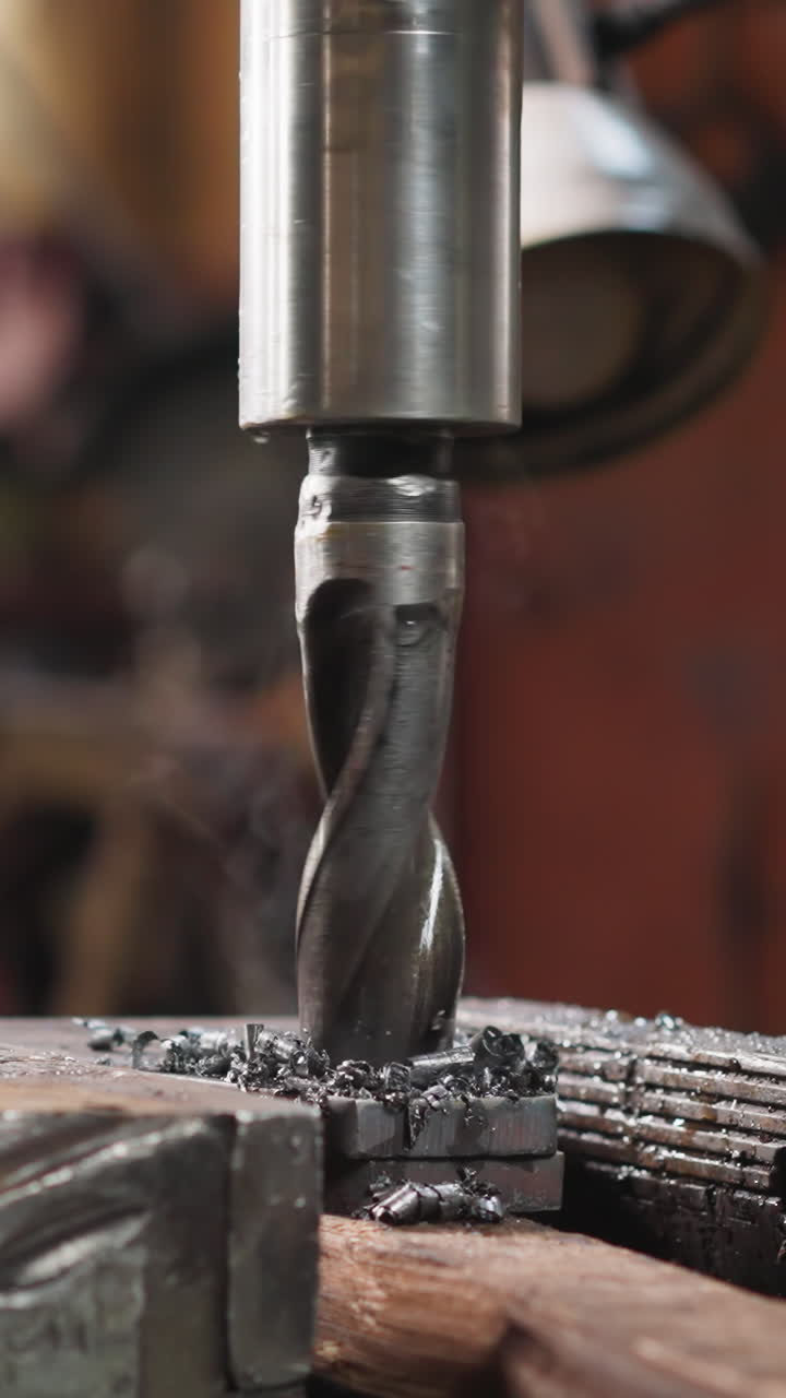 Drilling metal workpiece with large borer in production workshop closeup. Lathe machine tool makes hole in steel detail. Cutting out material at plant