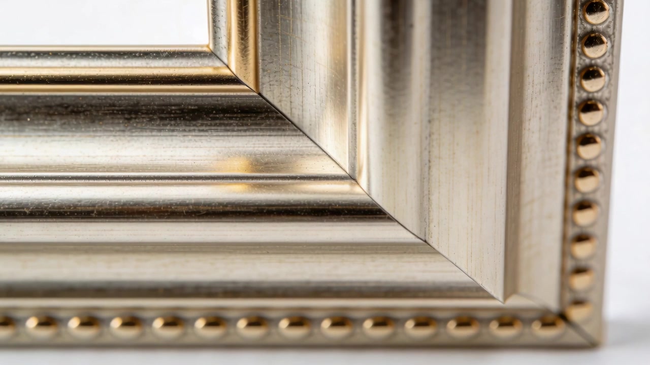 Luce da studio in movimento proietta bagliori sull'angolo di una cornice in ottone su un tavolo bianco, rivelando metallo spazzolato.