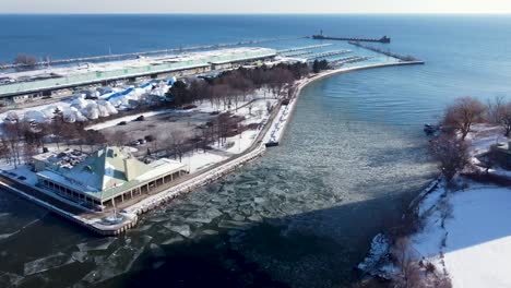 aerial view of an icy harbor on lake ontario in mississauga